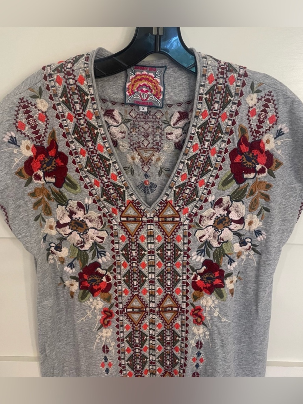 Johnny Was Gray Embroidered Tunic Dress Small Boho Floral V-Neck